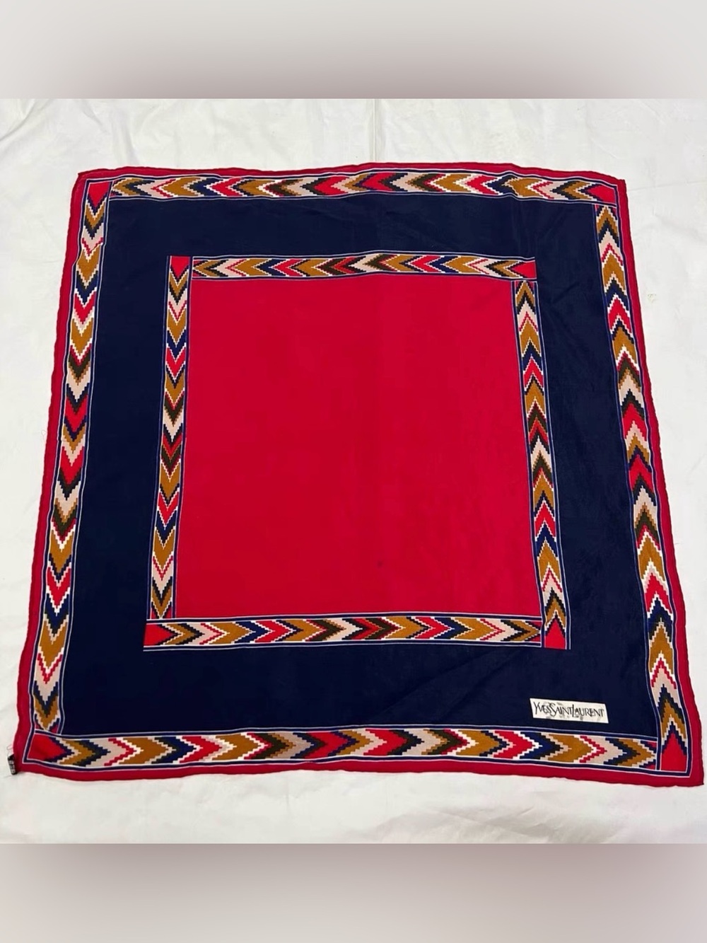 Yves Saint Laurent Red Center Navy Border Geometric Trim Throw scarf